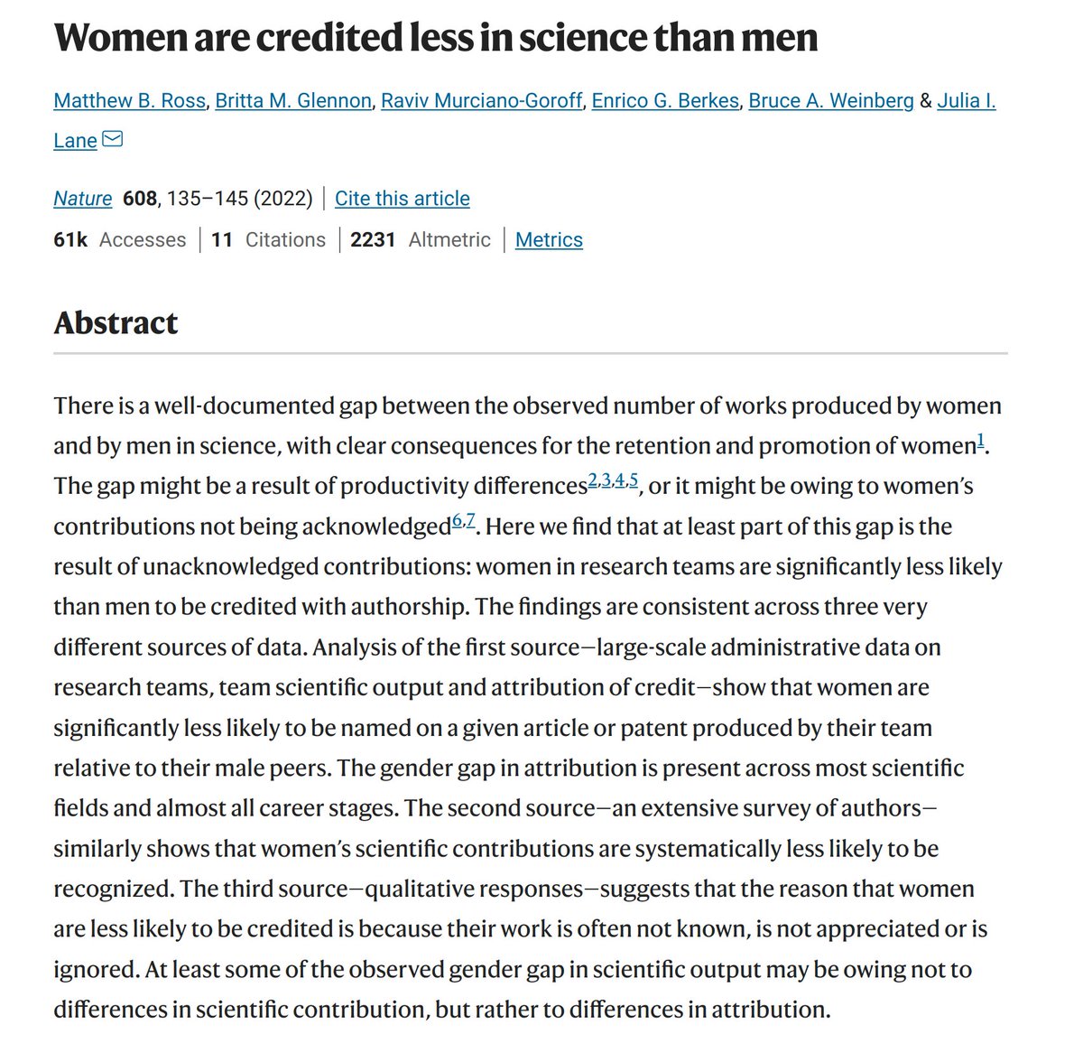 Very interesting and relevant article in <a href="/Nature/">nature</a>: "#women are credited less in #science than men". "... because their work is often not known, is not appreciated or is ignored." Let's change this -- every day! bit.ly/3CPRbmg