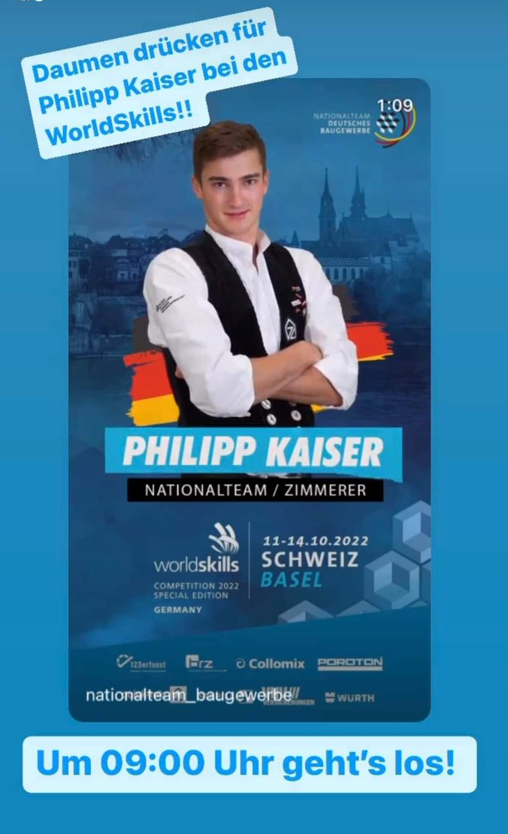 Heute starten die #Worldskills. Die besten Nachwuchshandwerker der Welt kämpfen um den Titel. Heute startet Philipp Kaiser aus unserem #Nationalteam bei den Zimmerern in Basel. Lieber Philipp, hol das Ding! #ZDB #Handwerk #wirbauen #Fachkräfte