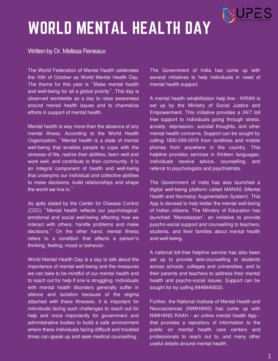 SOLS_UPES's tweet photo. .@UPESDehradun
 cares and supports the mental health and well-being of all.
Health Cluster of @SOLS_UPES presents 'Mental Health Matters' our exclusive newsletter on #WorldMentalHealthDay2022 
Stay tuned!
 #MentalHealthAwarenessDay #Mentalhealth #MentalHealthDay #emotionalhealth https://t.co/ls6jrgVewX