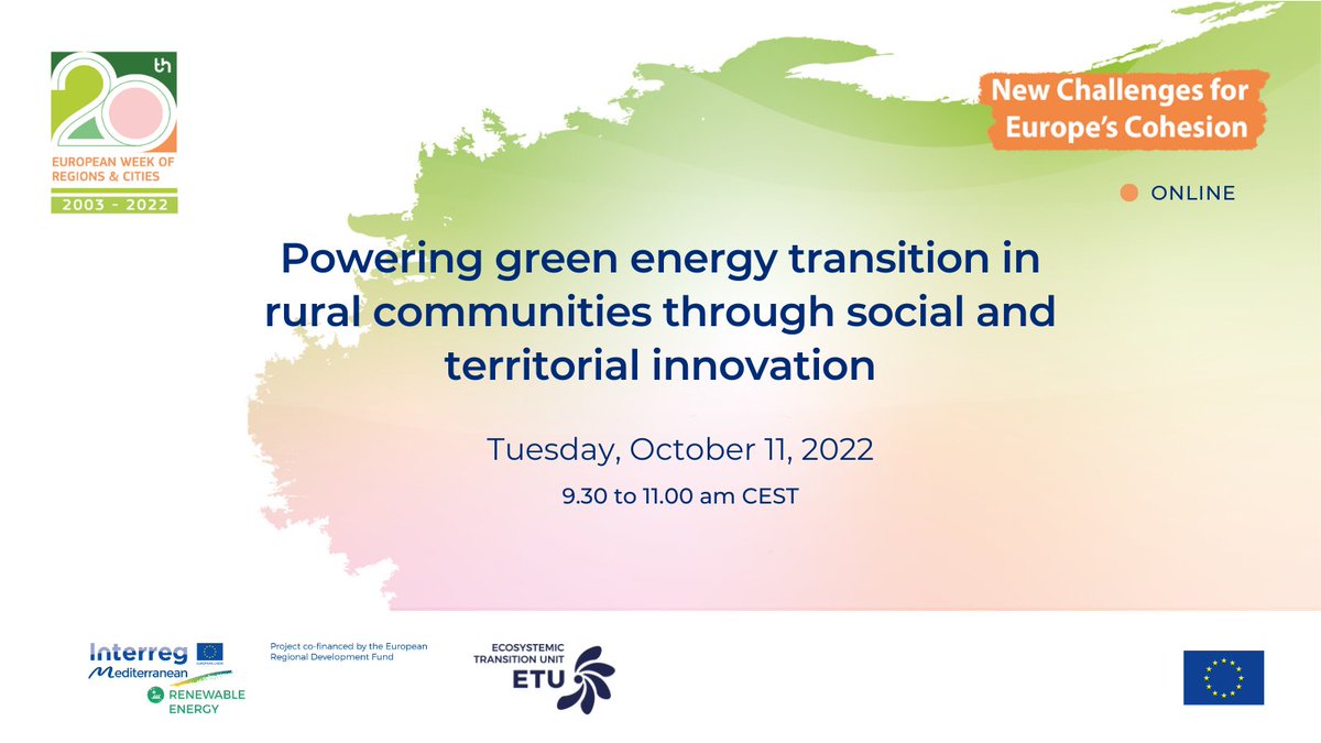 We are about to start our session in the #EURegionsWeek 2022! 

Join us to discover best practices to boost the #EnergyTransition in rural areas⚡️🌱

Join us👇
🔗eu.app.swapcard.com/event/euregion…

#CohesionPolicy #REPowerEU #EUGreenDeal // <a href="/Energy4Europe/">Energy4Europe 🇪🇺</a> <a href="/InterregEuroMED/">Interreg Euro-MED Programme</a>