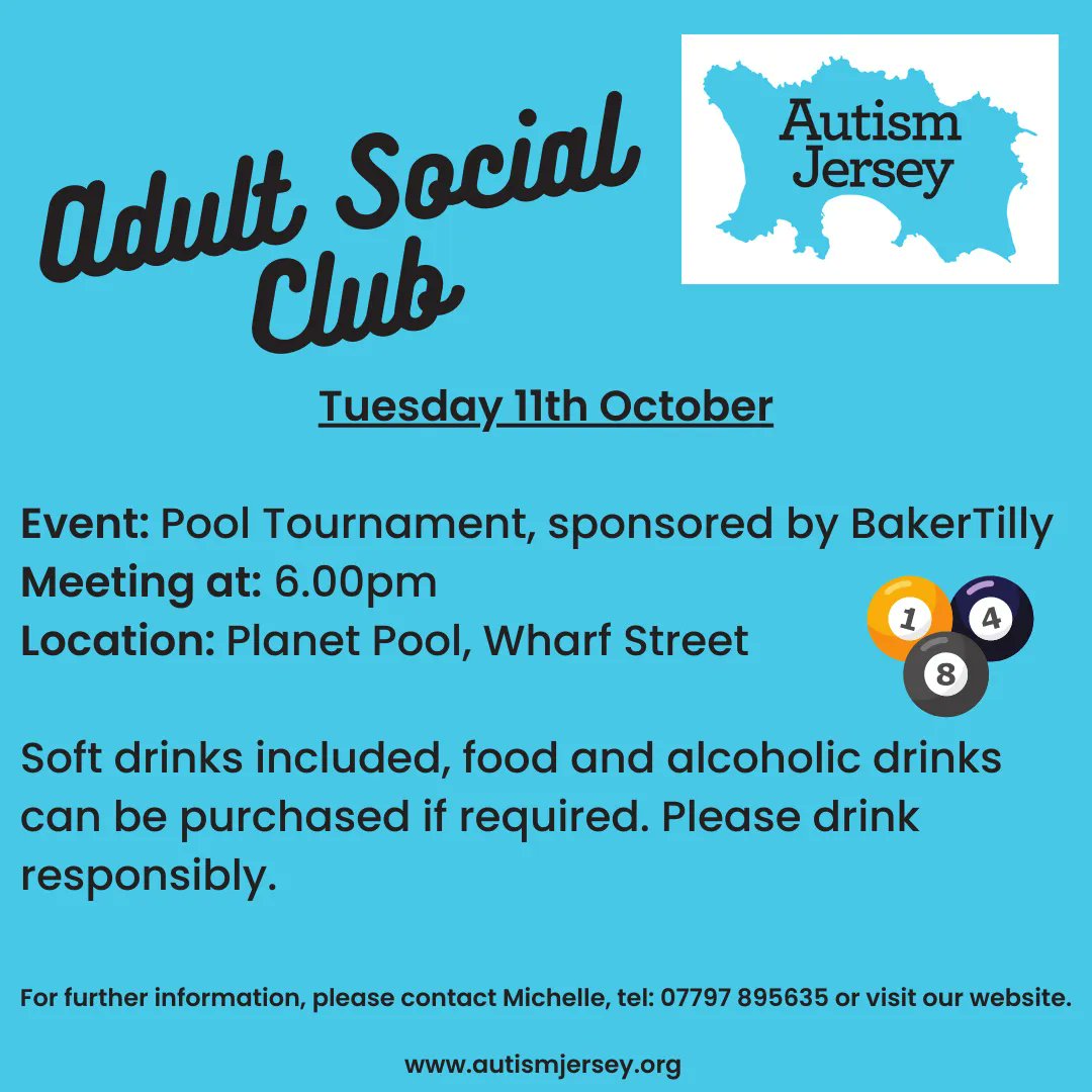 AutismJersey's tweet photo. Our Adult Social Club will be enjoying their pool evening once again 😁 

Thanks to Baker Tilly for their support with this regular event 💙 

#socialclub #poolnight #BakerTilly #funwithfriends #autismactivities https://t.co/rqSTBYi0KN