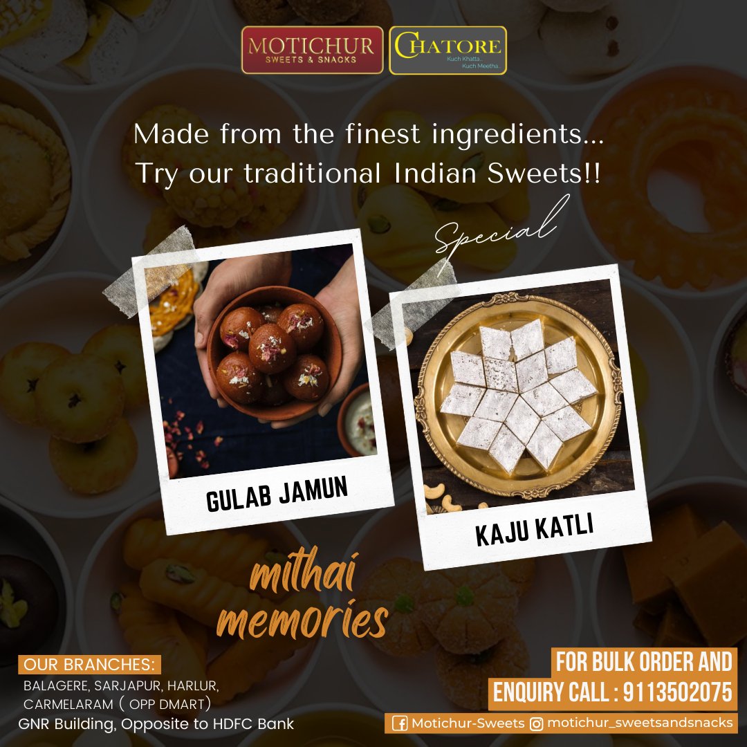 This delicious sweet is sure to be a lip smacking treat on any occasion. Finger licking taste and an exotic flavour.
Taste you never had
You can reach us at +91 9113502075
Balagere || Harlur || Carmelaram ( Opp Dmart) || Cambengalli

motichursweets.com

#Laddu #GheeLaddu