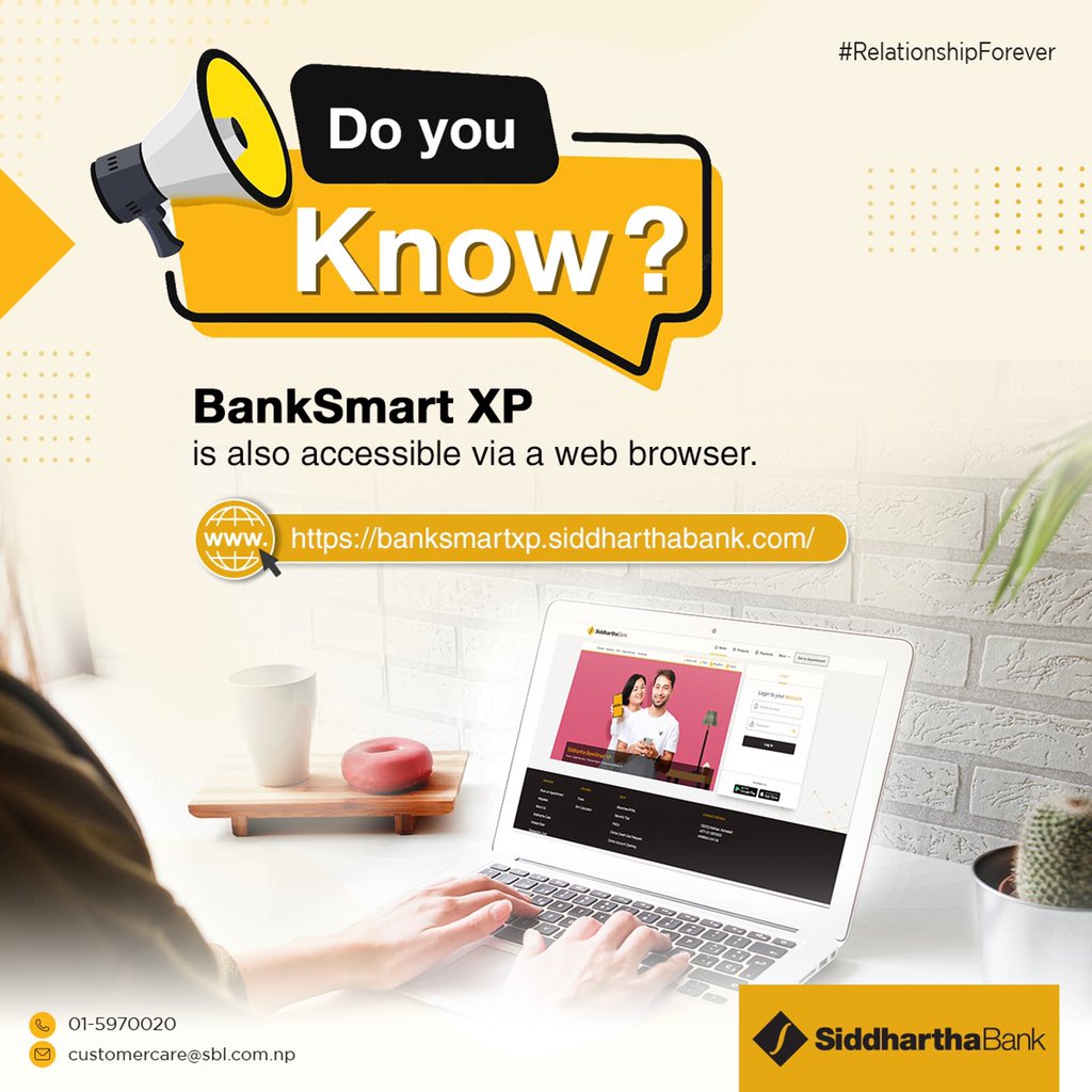 SiddharthaBank's tweet photo. Do you know?
Along with your mobile device, BankSmart XP can also be accessed via a web browser.
Web link: https://t.co/bv7WK2Vfuo
#SiddharthaBank #RelationshipForever #BankSmartXP #SiddharthaBankSmartXP #DoYouKnow #WebExperience https://t.co/OCSA2qMaSD