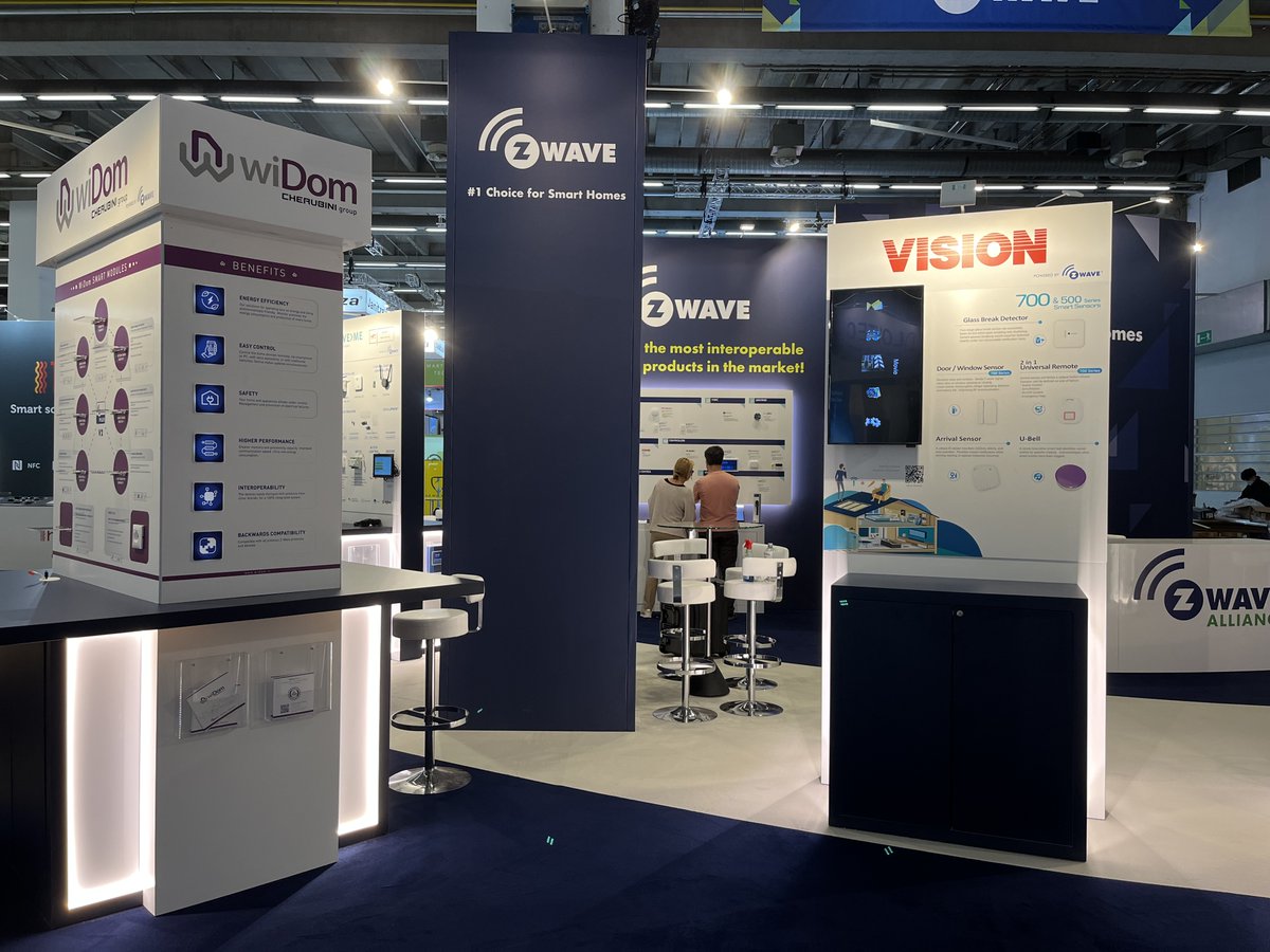 AMCExhibitions's tweet photo. Here's @ZWave_Alliance exhibition stand @Light_Building in Frankfurt. See the team installing the large format seamless graphics and carpet detailing to create a striking and elegant stand. https://t.co/fuMO5Rd7AW