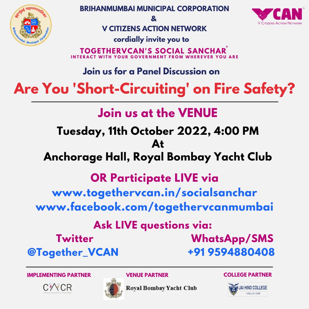 Together_VCAN's tweet photo. Join us TODAY, 11th Oct at the venue Royal Bombay Yacht Club OR Tune in LIVE from 
YT: https://t.co/7cZfblhsRx OR
FB:  https://t.co/VbNjqtIIX1  4:00PM.

#FireSafety #MumbaiFires #ElectricalFires #ShortCircuits

@indranimalkani @mybmc @AshwiniBhide @CIDCO_Ltd @TMCaTweetAway https://t.co/l91RRmcxVl