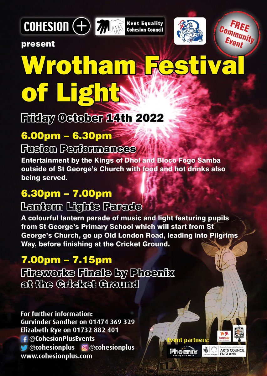 cohesionplus's tweet photo. We are looking forward to our #Wrotham #FestivalOfLight working with @StGeorgesKent @SameSkyBTN this Friday supported by @ace_southeast #LetsCreate featuring @KingsofDhol @BlocoFogoSamba and #firework #finale https://t.co/RylpqndRXJ