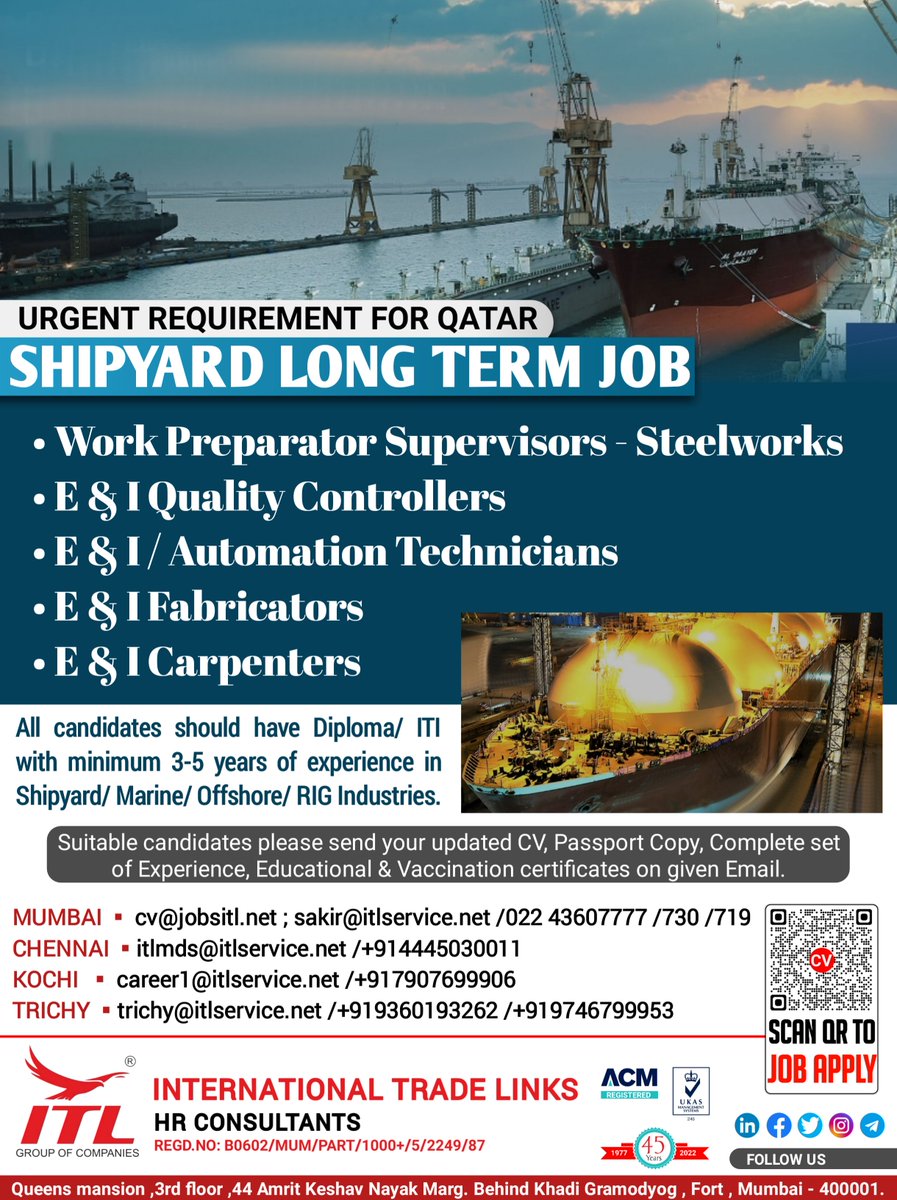 ItlJobs's tweet photo. JOB VACANCY FOR #qatar
CLICK ON LINK TO APPLY JOB > https://t.co/t4H7IxSbKZ
Learn more :
https://t.co/L5a1jS3E2s
#engineer #supervisorjobs #workpreparator #electrical #instruments #automation #carpenters #technicianjobs #shipyard #drydock #dockyard #offshore #jackup #rigs https://t.co/GuCywXHbXR