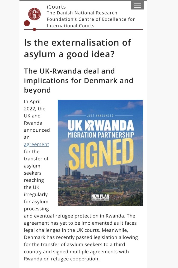ThereseRytter's tweet photo. Seminar at @iCourts_jur on #Externalisation of #Asylum. 

Prof David Cantor &amp; @NDFTan will provide insights into the UK-#Rwanda agreement, the concept and practice of externalisation and implications for Denmark and other countries. 

📆 17 Oct, 10 am
 👉 https://t.co/dRCTEDhKIA https://t.co/Hr9BSceHA1