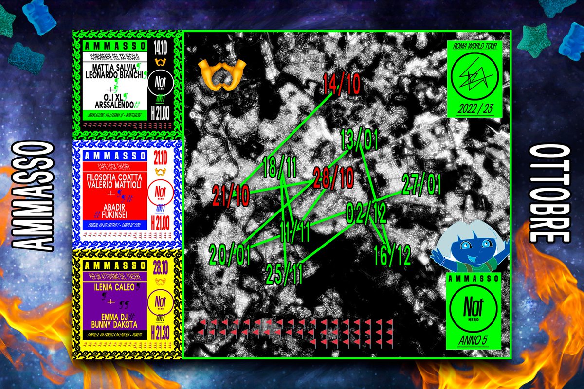 AMMASSO ovvero: tre mesi di festeggiamenti per i 5 anni di Not. 🖤
Si comincia questa settimana 👀
Qui un assaggio del programma di ottobre ☄️
Si inizia venerdì al Brancaleone, Montesacro, Roma 🔥
Buona giornata 🫶