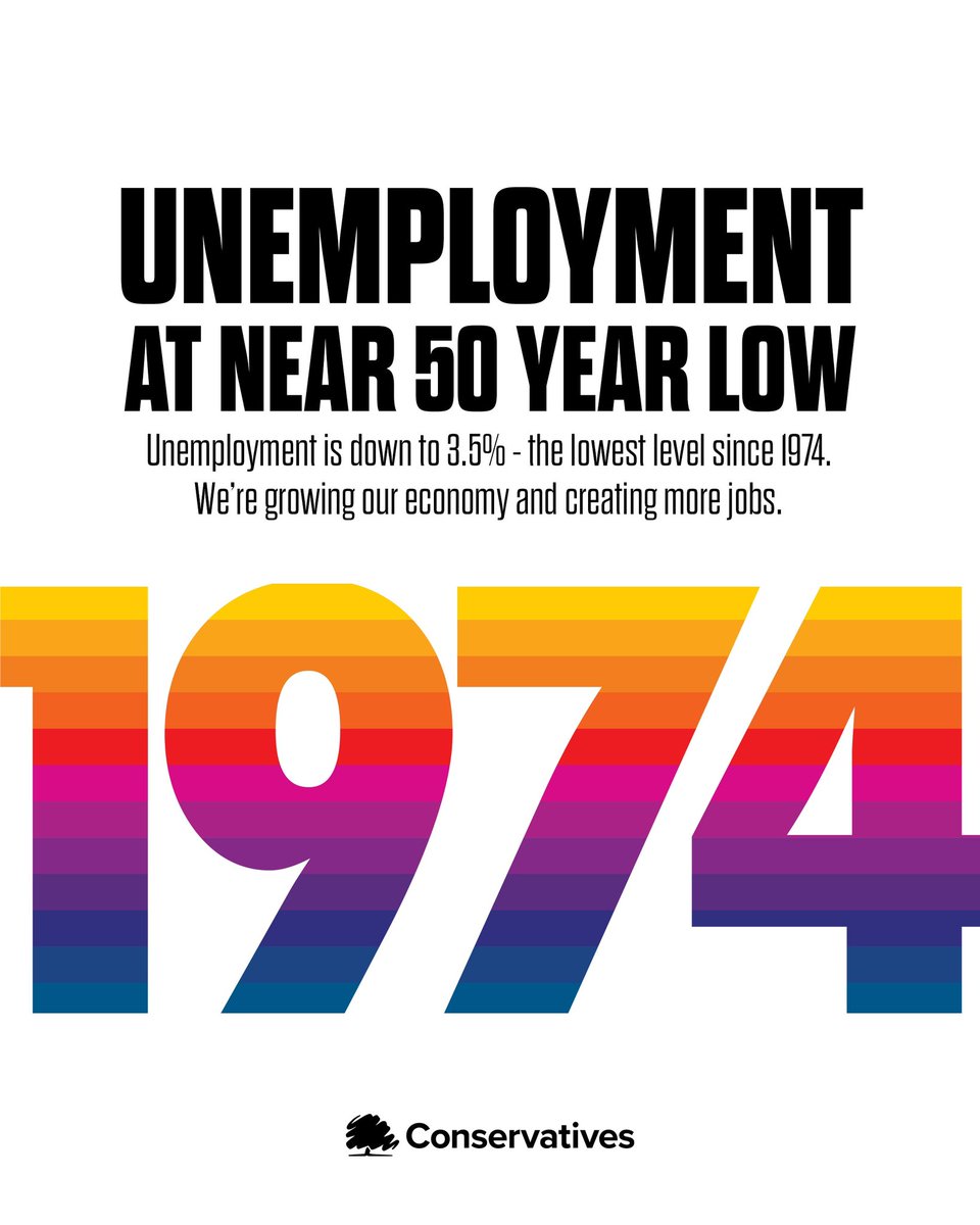Conservatives's tweet image. Growing the economy means more jobs and lower unemployment 👇