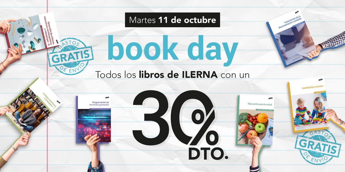ILERNAONLINE's tweet photo. Han vuelto los BOOK DAYS!📕📗📘Solo HOY TODOS los libros de ILERNA tienen un 30% de descuento🤭
¡Ahora es tu oportunidad para estudiar de la forma más cómoda y al mejor precio! ¿A qué estás esperando? 🚐💨
#bookdays #FPOficial https://t.co/KPpdpWaFa5