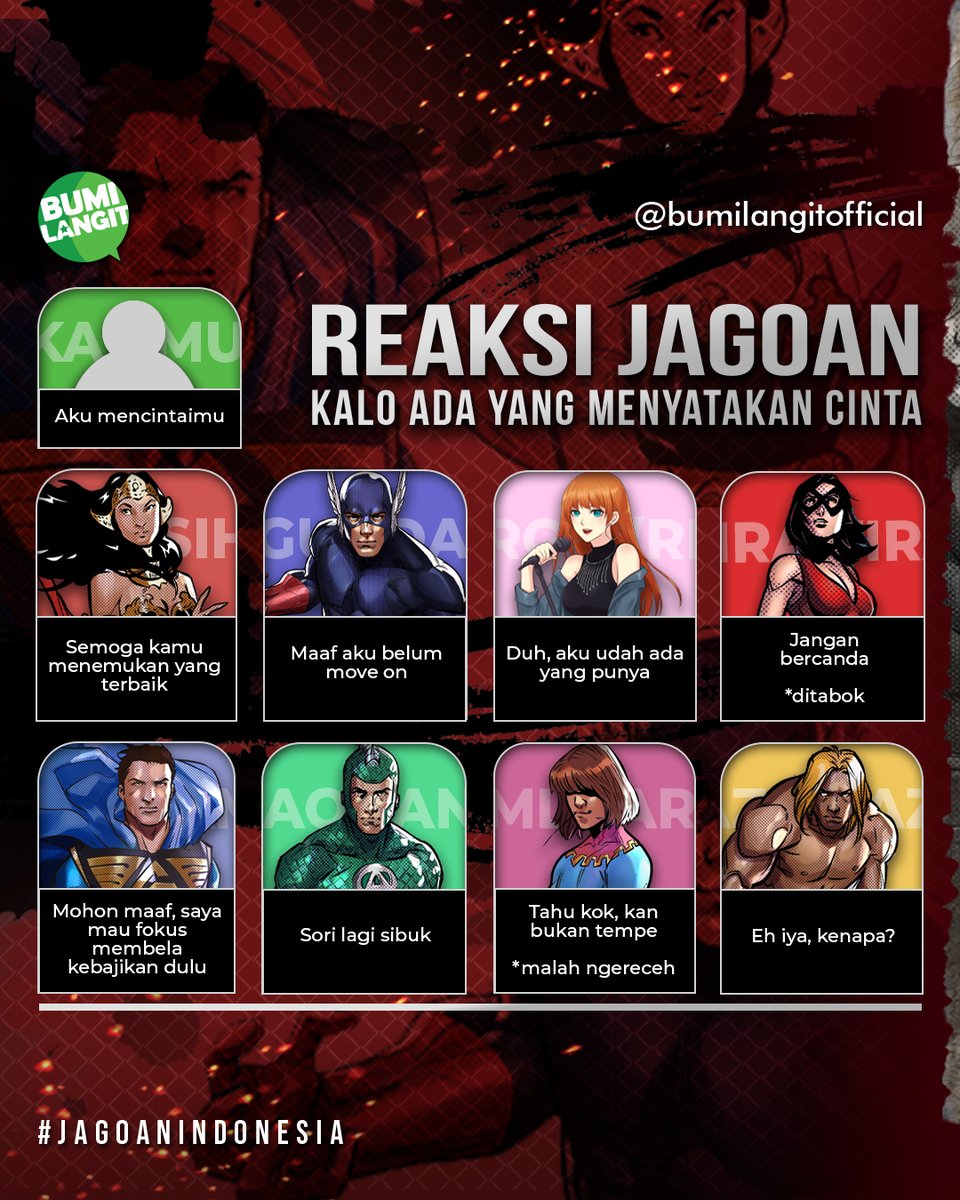 BumilangitID's tweet photo. Berani nembak jagoan? Eh, bukan nembak pake pistol, tapi nyatain cinta ke jagoan!
Kira-kira bakal jawab apa, ya mereka?
.
#bumilangit #jagoanindonesia #gundala #sriasih #virgo #tira #aquanus #mlaar https://t.co/MGyELTuHjR