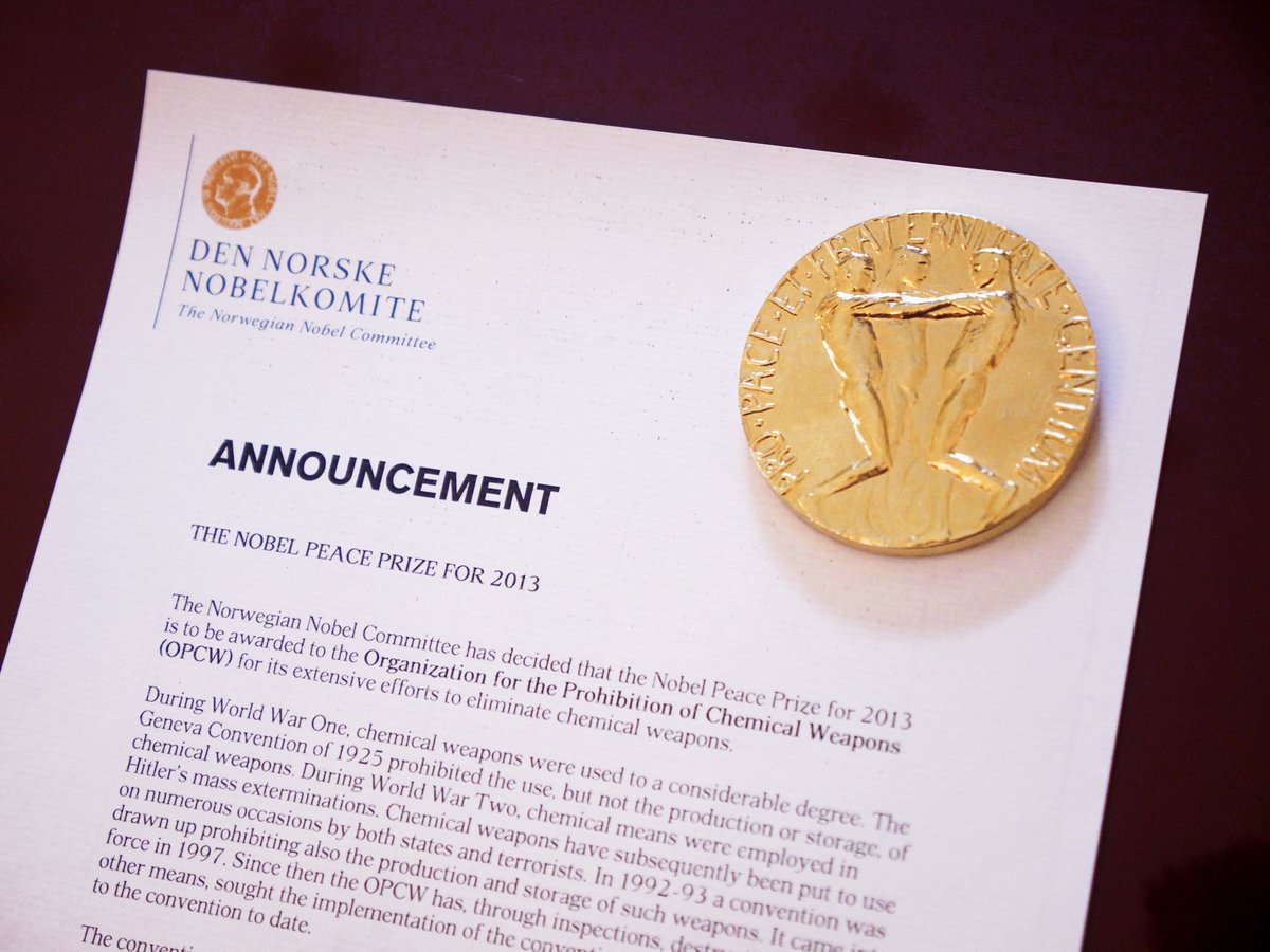 OPCW's tweet photo. 🏅 #OnThisDay in 2013 it was announced that #OPCW would be awarded the #NobelPeacePrize. To preserve this legacy, the #OPCWTheHagueAward was established to recognise those who champion the CWC.

Do you know a champion? Nominate now! ⬇️
https://t.co/orifVR5B16 https://t.co/7n3TMWM98r