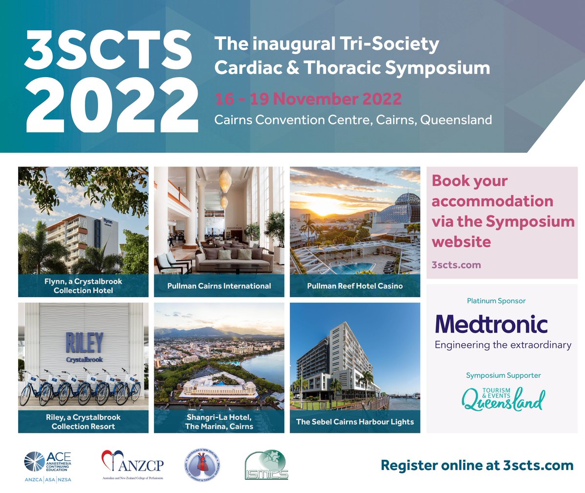 ANZSCTS (@anzscts) on Twitter photo The Symposium is quickly approaching and the final program is now available for the 3SCTS 2022.
Don’t miss out on the collaboration between ANZSCTS, ANZCP, CTVP SIG, and ISMICS 2022 Workshop.
To book accommodation (with Symposium rates) visit the website 3scts.com The Symposium is quickly approaching and the final program is now available for the 3SCTS 2022.
Don’t miss out on the collaboration between ANZSCTS, ANZCP, CTVP SIG, and ISMICS 2022 Workshop.
To book accommodation (with Symposium rates) visit the website 3scts.com