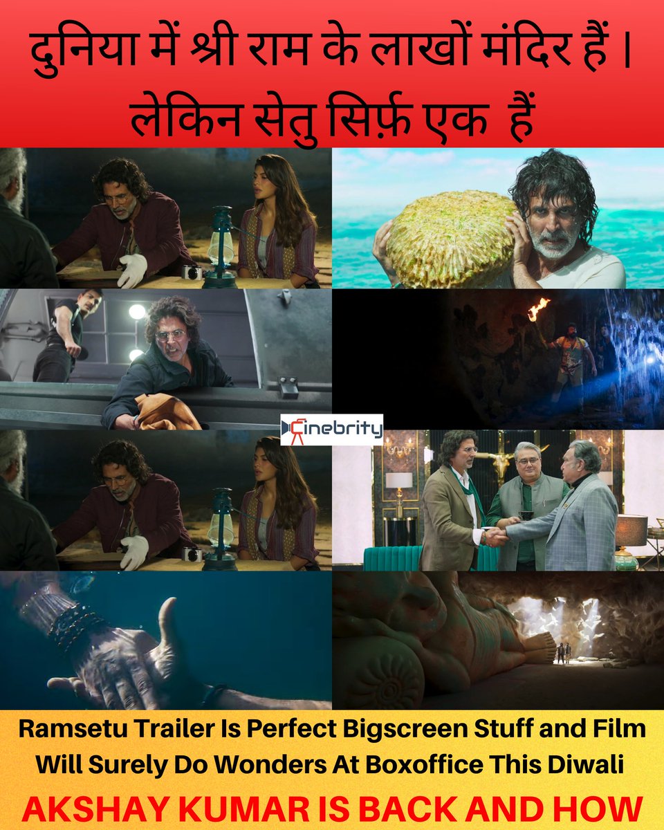 cinebrity's tweet photo. #RamSetuTrailer offers a pure Bigscreen experience this diwali for Audiences 🔥

A sureshot Blockbuster Loading........
@akshaykumar @Abundantia_Ent #RamSetuTrailer @Asli_Jacqueline @Nushrratt 

#RamSetuOnDiwali #AkshayKumar https://t.co/8i8QZHXUX6