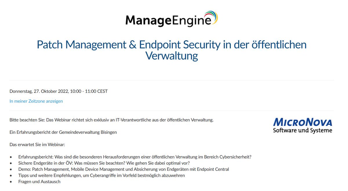 ManageEngine_DE's tweet photo. MORGEN: #Webinar Patch Management und Endpoint Security exklusiv für IT-Verantwortliche in der öffentlichen Verwaltung - mit Erfahrungsbericht der Gemeinde Bisingen. Jetzt noch anmelden: https://t.co/ZwGB2salXj #Cybersecurity #ITSecurity https://t.co/BDL0TNDRLl