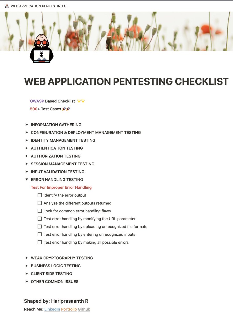 brcyrr's tweet image. Today I have a very comprehensive checklist suggestion for you on Web Application Penetration Testing❗️📝 I definitely suggest adding it to your bookmarks❗️🎃
Credit: hariprasaanth.blogspot.com 🌟🙌🏻
Notion Link: hariprasaanth.notion.site/hariprasaanth/…
#appsec #PenTest #bugbounty #CyberSecurity