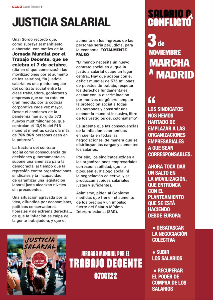 #GacetaSindical #SalarioOConflicto

👉🏻 17 al 28 Octubre Asambleas
👉🏻 3 de Noviembre gran marcha manifestación en Madrid 

📝 ccoo.es/e9115d27810b84…
