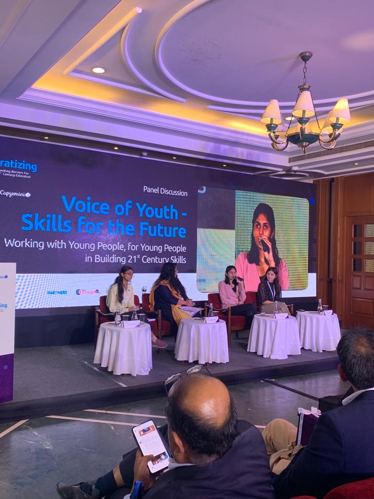 CapgeminiIndia's tweet photo. The third panel discussion, moderated by Radhika Menon, UNICEF, consisted of Ankita Sehdev and Mursal Mohammadi, UN India YuWaah Advocates, and Muskan Kushwaha, KARM Fellow, and focused on strengthening education, skills, empowerment and economic opportunities for young people. https://t.co/yUNK2bB47n