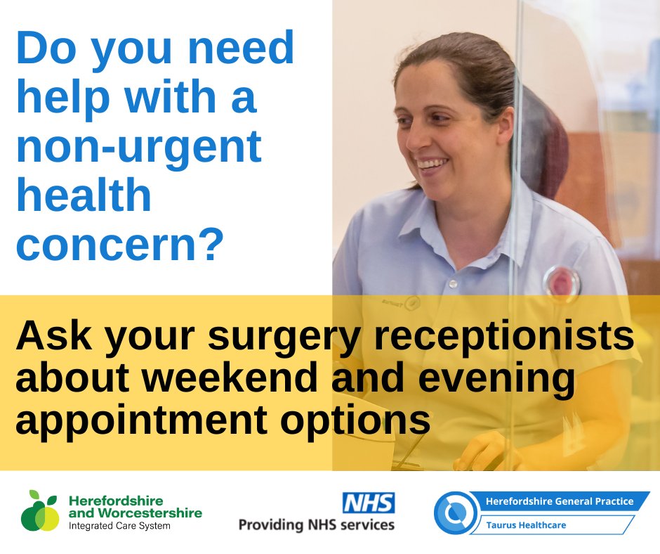 TaurusHlthCare's tweet photo. Herefordshire General Practice offers weekend and evening appointments to patients at 8 hubs across the county.
Appointments are bookable via your GP surgery – just ask the surgery receptionist.
For more information, see: https://t.co/lAVLokthKE
@NHS_HW @HWHerefordshire https://t.co/hHEmTyC5g7