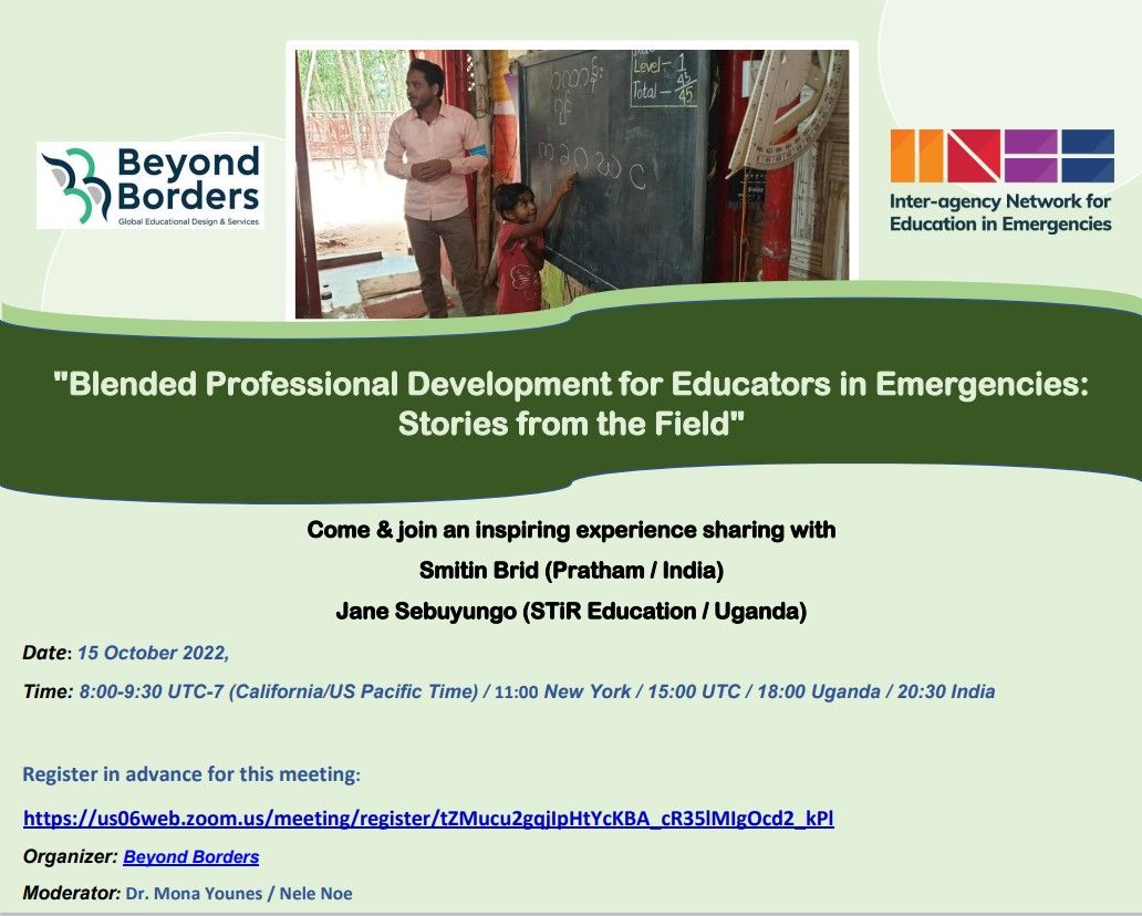 STIReducation's tweet photo. Join our colleague Jane Nantayi Sebuyungo talk about blended professional development for education in emergencies in this meet-up organised by Beyond Borders. Register here - https://t.co/1tIIbOBath https://t.co/fFdBqTWxY5