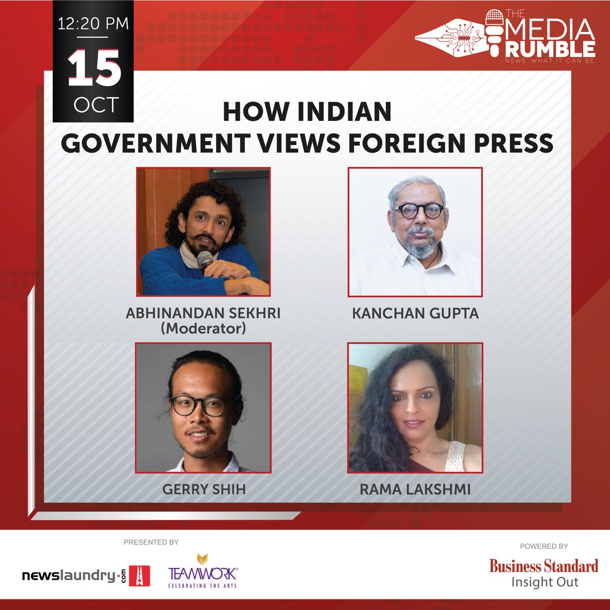 📢#SessionReveal: How does the Indian government view foreign press? @AbhinandanSekhr will speak with @KanchanGupta, @gerryshih and @RamaNewDelhi at the #MediaRumble 2022. Limited seats! Register now: bit.ly/TMRRegistration