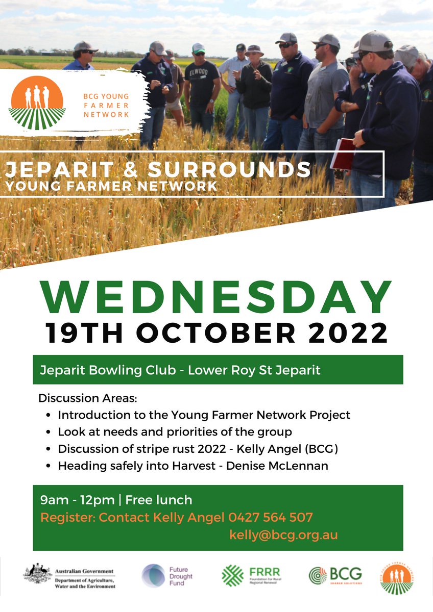 BCG_Birchip's tweet photo. BCG Young Farmer Network meetings are scheduled for Quambatook and surrounds on Thurs 13 Oct, Loddon Fri 14 Oct, Jeparit and surrounds Wed 19 Oct,
West Wimmera Wed 19 Oct. Register with @kangel62 @FRRR_Oz #BCGYFN #FutureDroughtFund https://t.co/UMGr9PKbfX