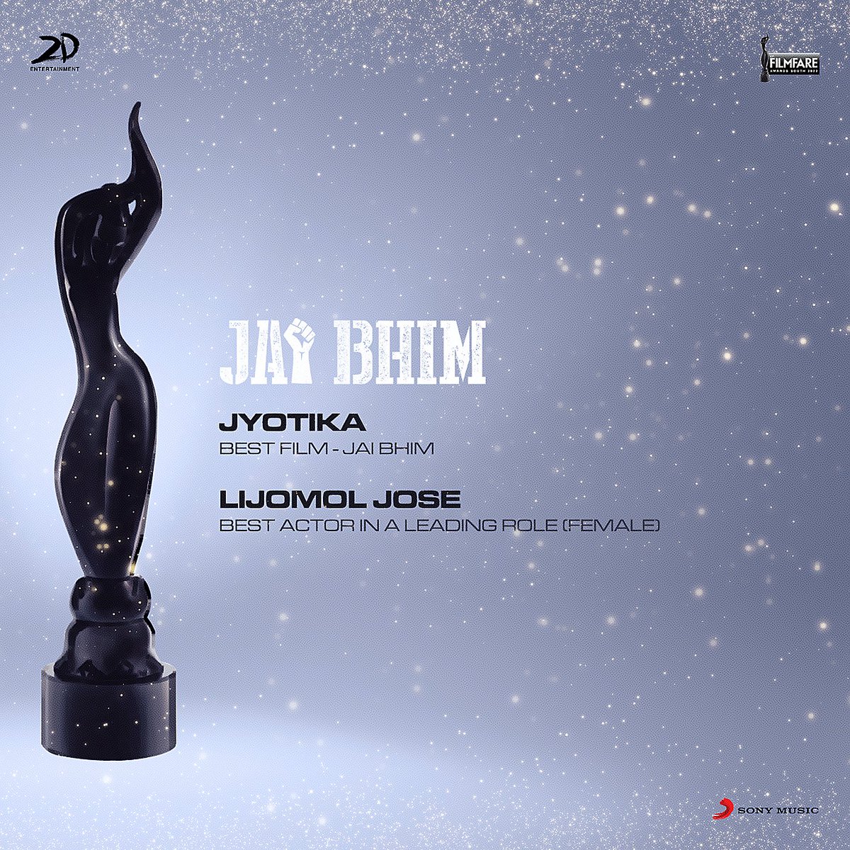 SonyMusicSouth's tweet photo. For the hard-hitting #JaiBhim! 🔥 

#FilmfareAwardsSouth2022 💥

@Suriya_offl @2D_ENTPVTLTD #Jyotika #LijomolJose https://t.co/Lf0OblcVnw