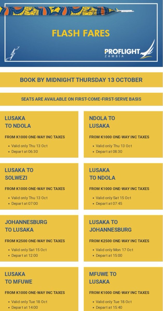 proflightzambia's tweet photo. FLASH FARES ALERT! π¨
It's easy to #Soar with #ProflightZambia #FlashFares! π
Book online at https://t.co/koukLGQ6sW or via:
reservations@proflight-zambia.com
πΏπ² +260 977 335 563
πΏπ¦ +27 (0) 87 138 5203
WhatsApp +260 777 034 742
Last booking day is Thurs 13 Oct!
#PlaneSmart https://t.co/MLgq0XCgtx