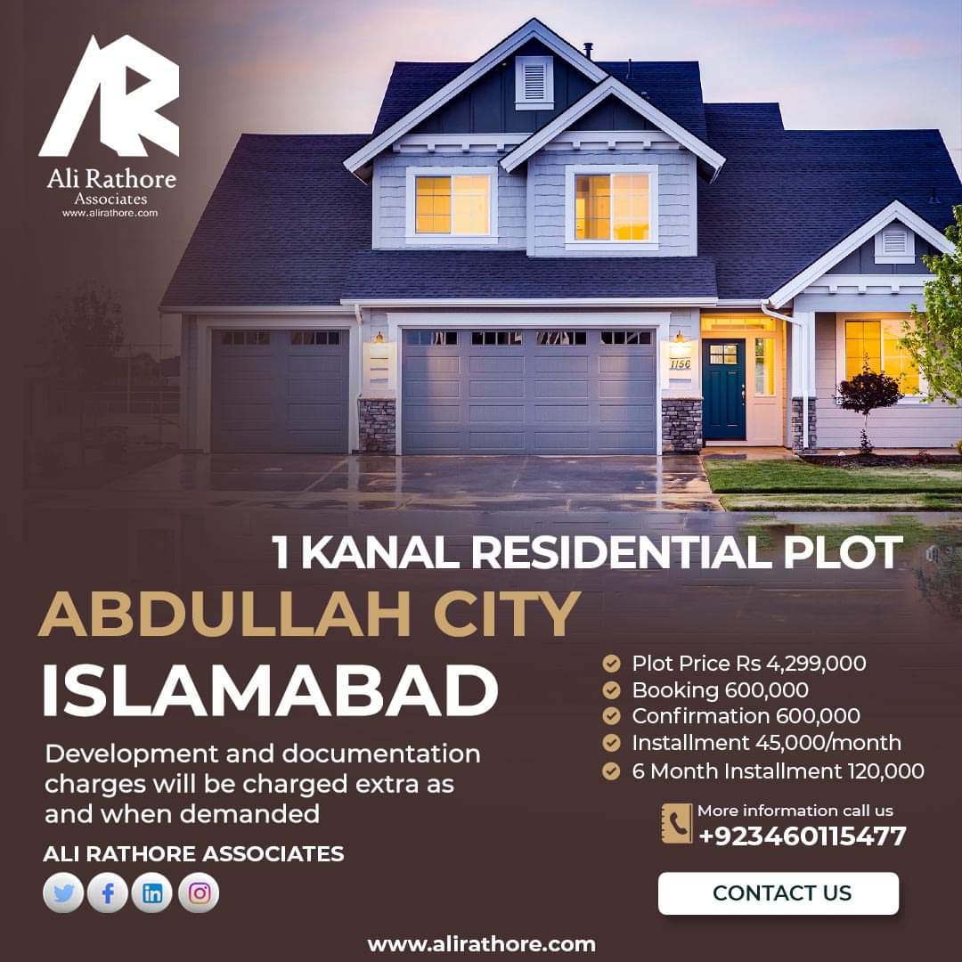 AliRathoreAssoc's tweet photo. ABDULLAH CITY, ISLAMABAD
10 MARLA Residential Plot Details
Plot Size: 10 Marla
Total Price: 4,299,000
Booking: 600,000
Confirmation and allocation: 600,000
Monthly Installment: 45,000
06 Month Installment: 120,000

#realestate #abdullahcity #pakistan #investment #property https://t.co/jyRtmo9Pf1
