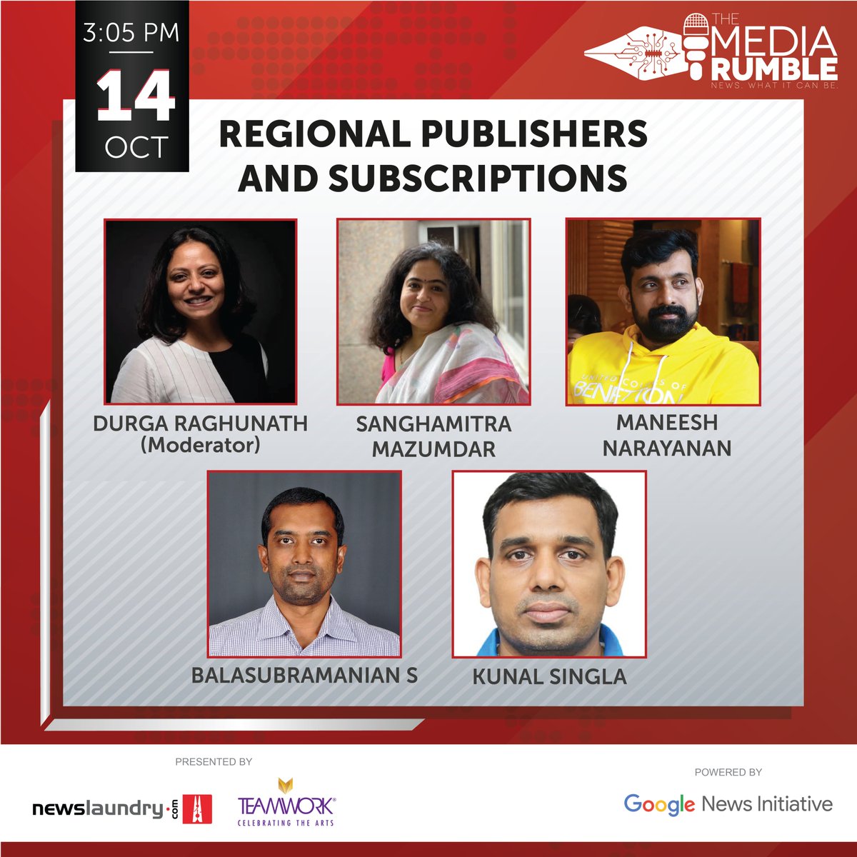 📢#SessionReveal: Why is the reader supported news model popular among regional publishers? @durgaraghunath will talk to @sanghamitra_m, Kunal Singla, @maneeshnarayan and Balasubramanian S at the #MediaRumble 2022. Limited seats! Register now: bit.ly/TMRRegistration