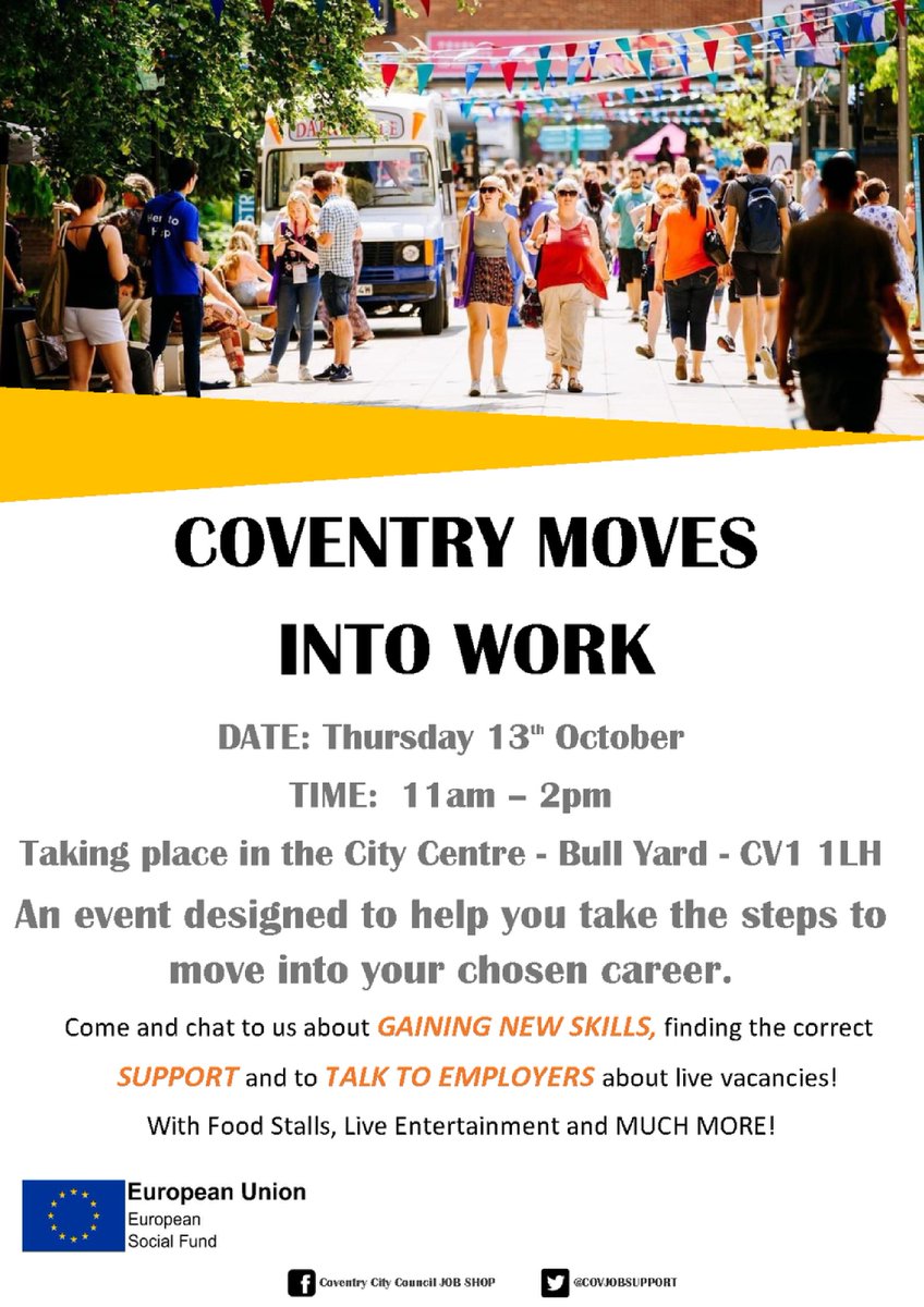 VACoventry's tweet photo. Join staff from the Accelerate employment support service and the Integrate Coventry project on Thursday 13th October!
Chat about finding new skills, getting support and talk to employers!
#voluntaryactioncoventry #integratecoventry #accelerate #getintowork https://t.co/a6Kpytx6UH