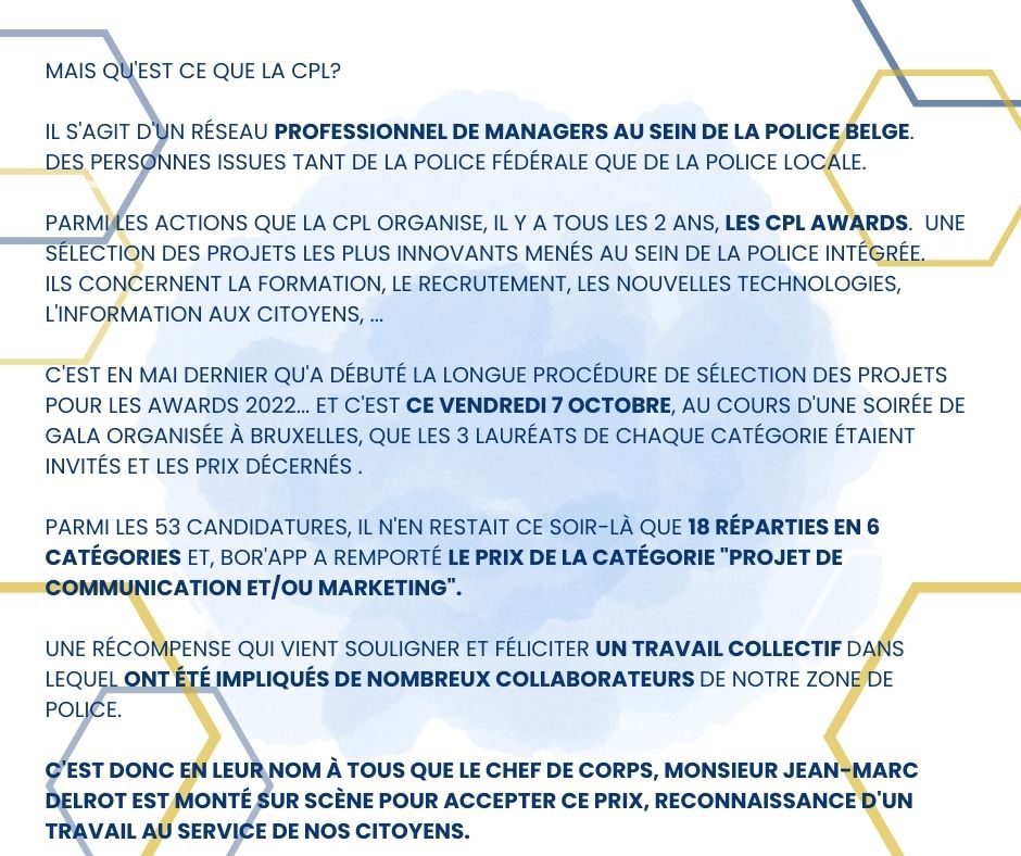 ZP5327's tweet photo. Bor'App primée lors des CPL Awards! 
#ZonedePoliceBoraine
#cpl 
#CPLAwards2022 https://t.co/KmOePbyRW9