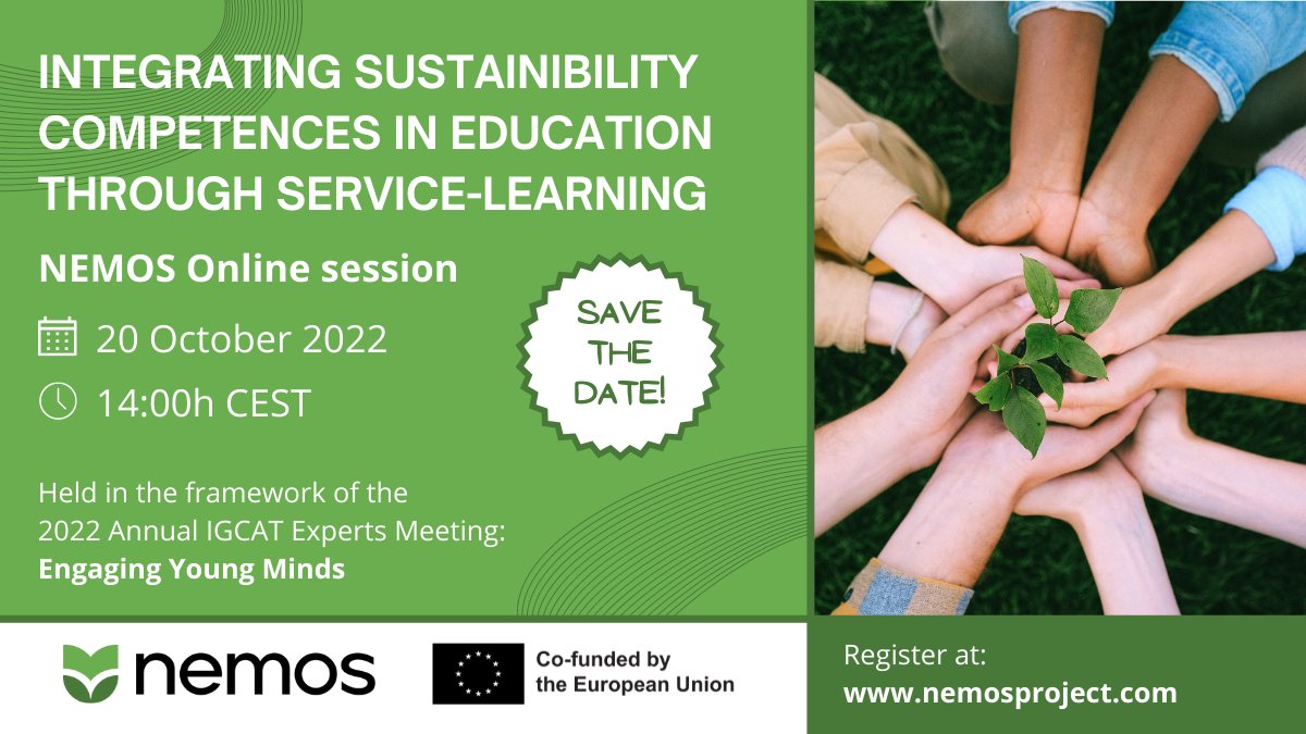 NemosProject's tweet photo. Interested in exploring how #sustainability competences can be integrated in #education through #servicelearning❓Join the upcoming NEMOS webinar session!
📆 20 October 2022, 14:00h-16:00h CEST
Registration and programme 👉 https://t.co/kk1vNWn8CR https://t.co/fD0zOdNGM7