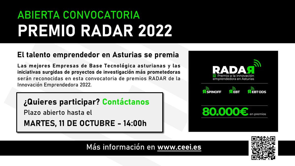 ceeiasturias's tweet image. 🔴RECUERDA‼ Hoy MARTES 🗓 𝟭𝟭 𝗱𝗲 𝗼𝗰𝘁𝘂𝗯𝗿𝗲 𝗱𝗲 𝟮𝟬𝟮𝟮 a las ⏰ 𝟭𝟰:𝟬𝟬 𝗵  finaliza el plazo para presentarte a los 𝗣𝗥𝗘𝗠𝗜𝗢𝗦 𝗥𝗔𝗗𝗔𝗥 𝟮𝟬𝟮𝟮 🏆.

ℹ👉 ceei.es/sites/agenda/e…

@idepasturias @SCTAsturias  @ceeiasturias 

#PremiosRADAR #PremiosRADAR2022