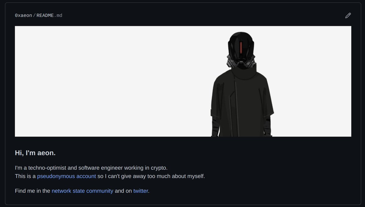 0x_aeon's tweet photo. I now have a GitHub account as well.
Fun to start from scratch again.

Have you created your pseudonymous identity yet?

https://t.co/KKdGLkJthb https://t.co/nQBr0Ki1GG