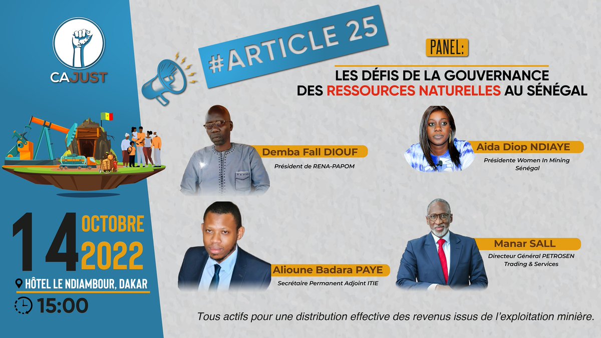 cajust_sn's tweet photo. 📌#SaveTheDate
Vous êtes tous conviés au lancement de la CAMPAGNE #Article_25 ce Vendredi 14 Octobre à 15h à l’hôtel Le Ndiambour, Dakar.
Plus d’informations au +221778550303
#CitoyensActifs #CAJUST https://t.co/bp9mIrT5av