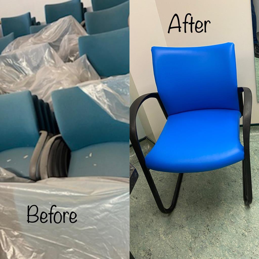 nursemansam's tweet photo. Taking proud steps in sustainability @SouthTees.
Reupholstering and upcycling 57 chairs from cloth to vinyl, for use in ENT OPD &amp; OMFS-Orthodontics OPD. Supported by @NorthumbriaNHS @STeesProcureme1 @antheadavison1 @ClareNash20 @theRCN @GreenerNHS https://t.co/N2CPQc91b4