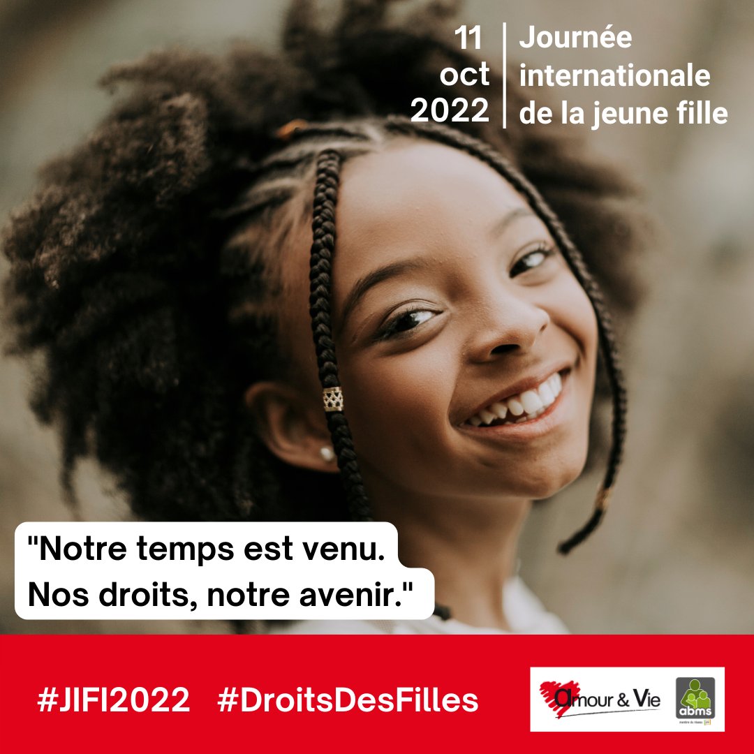 1️⃣1️⃣ Octobre 2️⃣0️⃣2️⃣2️⃣ 
𝕁𝕠𝕦𝕣𝕟é𝕖 𝕀𝕟𝕥𝕖𝕣𝕟𝕒𝕥𝕚𝕠𝕟𝕒𝕝𝕖 𝕕𝕖 𝕝𝕒 𝕁𝕖𝕦𝕟𝕖 𝕗𝕚𝕝𝕝𝕖 👧
"Notre temps est venu. Nos droits, notre avenir." 👯
C'est le thème retenu pour la 10ème édition de la #JIFi. 

#JIFi2022 #DroitsDesFilles