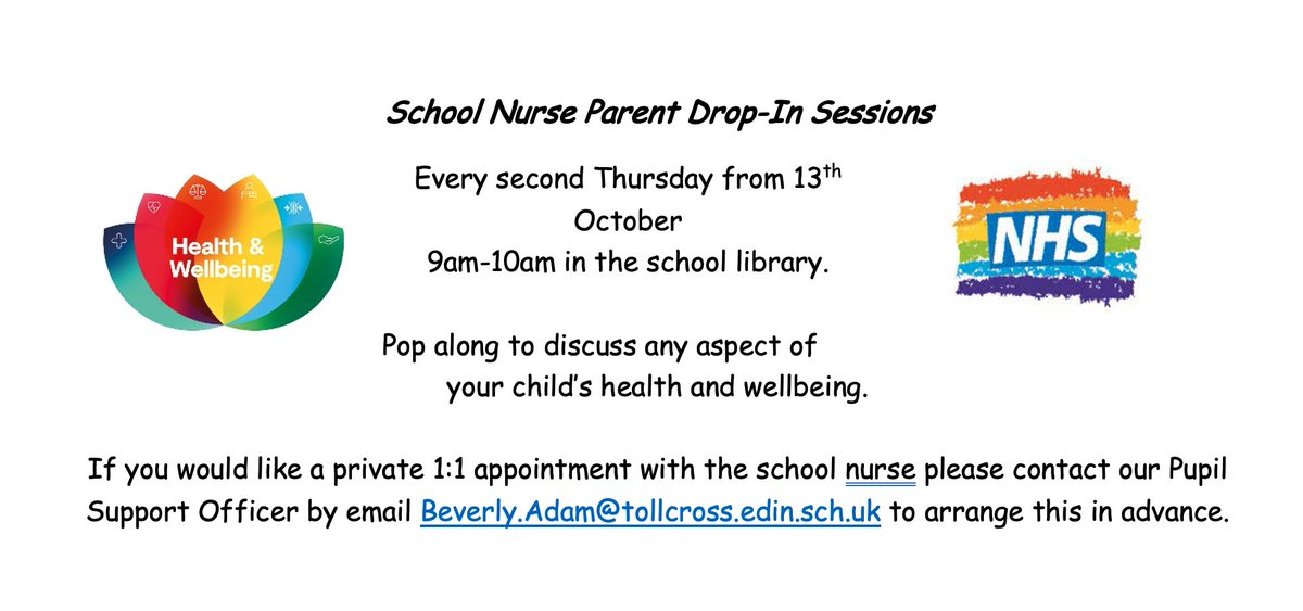 School nurse parent drop-in sessions start this Thursday 9-10am in the school library.