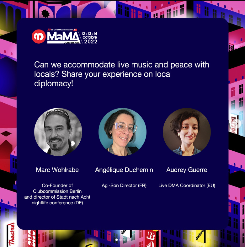 LiveDMA's tweet photo. Join us on thursday for the @MaMAevent, around a workshop on #livemusic and #localdiplomacy!
11:30 to 12:30 at @fgobarbara panel room 3

With @AGI_SON and @clubcommission / @stadt_nach_acht ! https://t.co/SD5J9lXe0l
