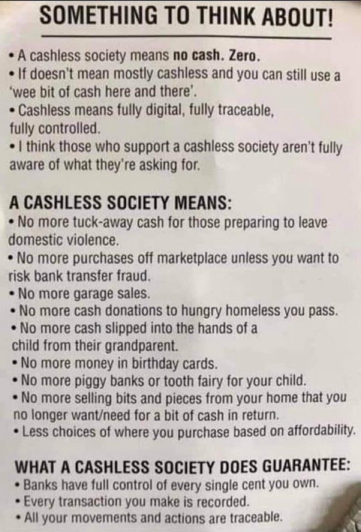 A cashless society and a move towards universal digital transactions is exactly what controlling governments and corporations want. But millions of people rely on using cash. Lets take back some control. Use old school cash wherever possible. 
#NoCashlessSociety