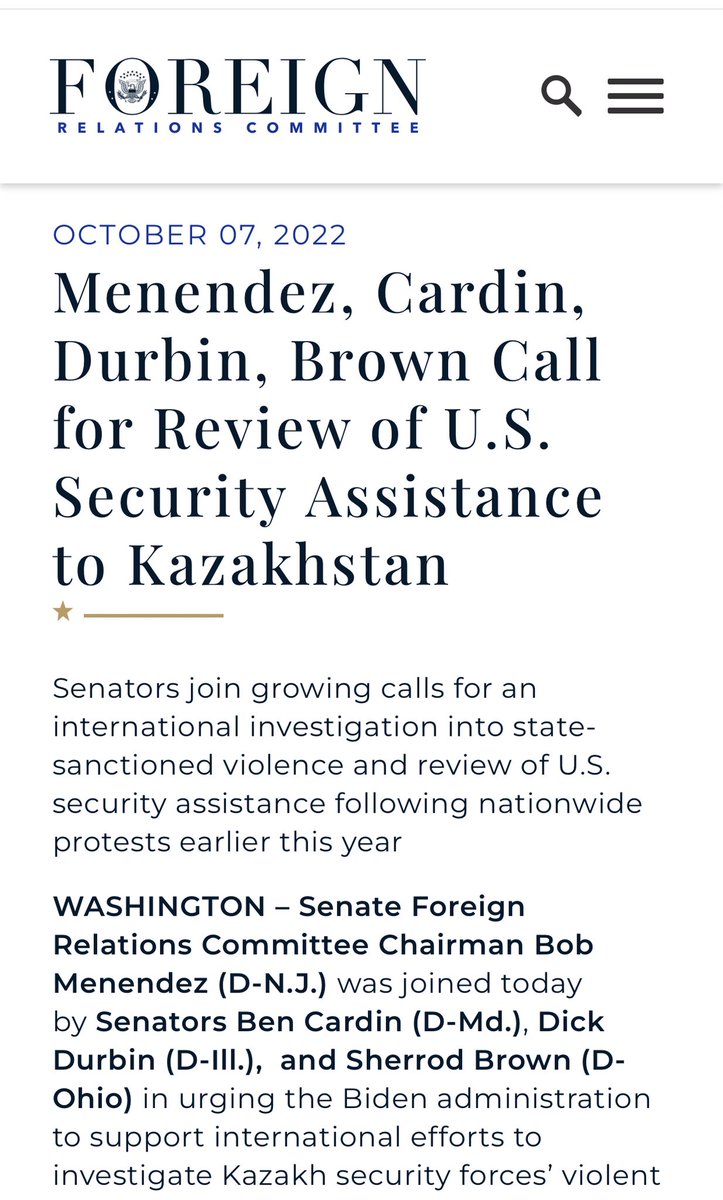 Appreciate Senate Foreign Relations Committee Chairman Bob Menendez (D-N.J.), Senators Ben Cardin (D-Md.), Dick Durbin (D-Ill.) and Sherrod Brown (D-Ohio) for standing up with Kazakhstan! 🙏🇰🇿💙💙💙

foreign.senate.gov/press/dem/rele…

#TokayevSupportsPutin #Qantar2022 #Kazakhstan 🇰🇿