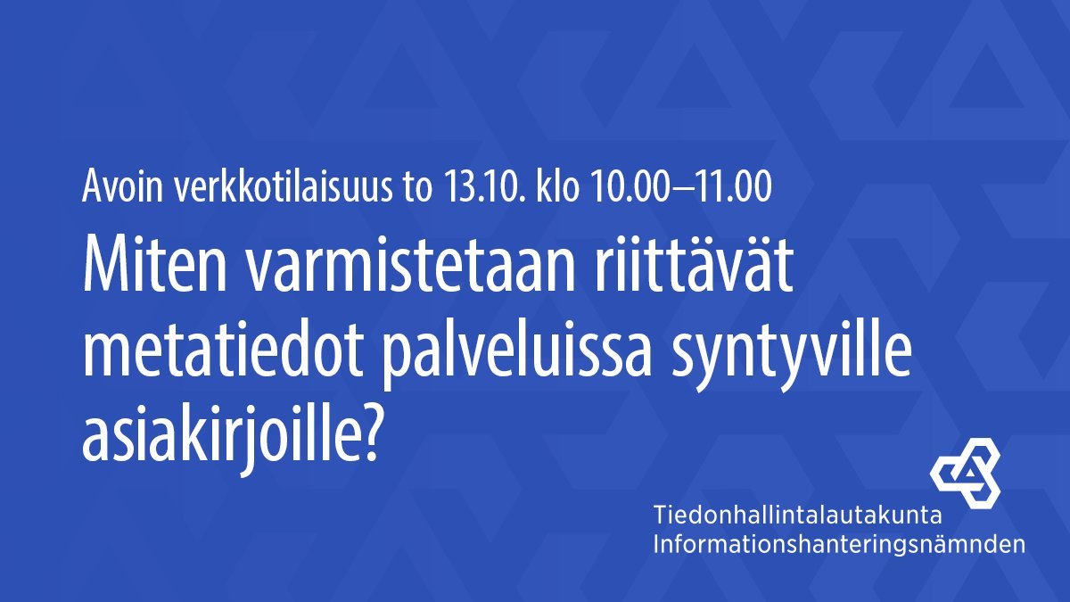 VMuutiset's tweet photo. Järjestämme tulevana torstaina 13.10. kaikille avoimen verkkotilaisuuden, jossa teemana on, miten varmistetaan riittävät metatiedot palveluissa syntyville asiakirjoille.  

📆 13.10. klo 10.00-11.00
 📌 Verkossa Teamsissa
🔗 Lisätietoja: https://t.co/xZbxsbd0Fp

#Tiedonhallinta https://t.co/BIkBBolf2K