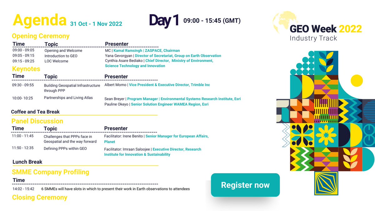 ZASpace_Inc's tweet image. Don’t miss your chance to attend GEO Week Industry Track 2022! The Day 1 agenda is jam-packed with informative topics &amp;amp; global industry experts. 🌍

Don&apos;t miss out, register today: 
earthobservations.org/geoweek2022.php

#GEOWeek2022 #GEOWeek22Industry #Ghana