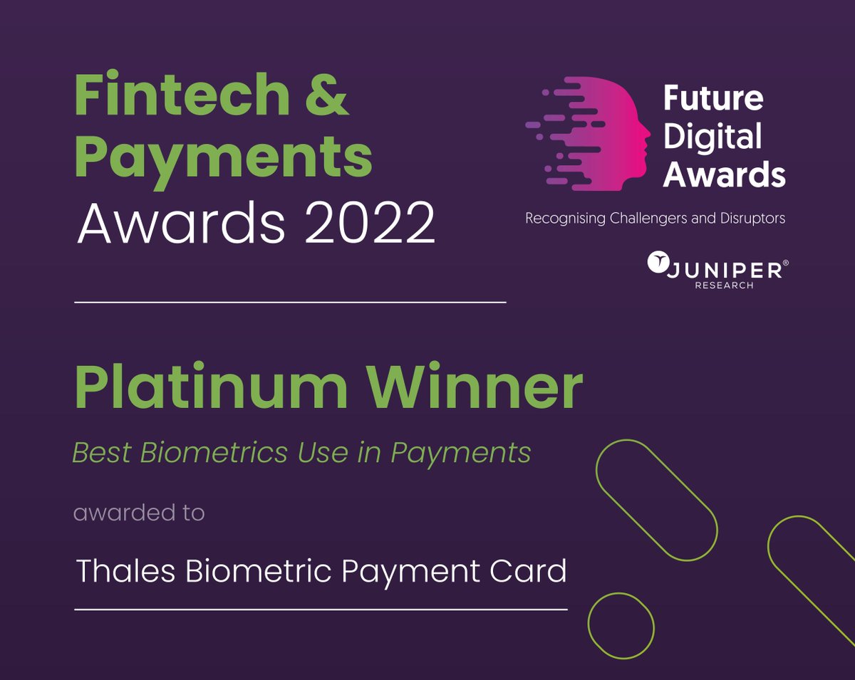 ThalesDigiSec's tweet photo. We’re proud to have been awarded Platinum Winner of 'Best #Biometrics Use In Payments' by @juniperresearch 💳
Our Biometric #PaymentCard solution allows secure transactions to be made with a simple touch and with no contactless limit
➡️ Find out more: https://t.co/FKjFZ7YcxX https://t.co/fgcZLppmeg