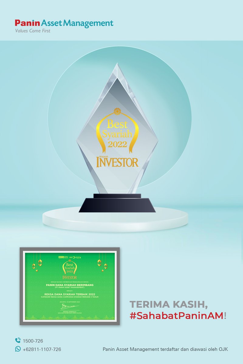 reksadana_panin's tweet photo. Tahun ini, Panin Dana Syariah Berimbang kembali mendapatkan penghargaan Best Syariah 2022 dari Majalah Investor @Beritasatu dan Infovesta untuk reksa dana campuran syariah terbaik 3 tahun
Terima kasih atas dukungan & kepercayaan #SahabatPaninAM ๐
#ValuesComeFirst #PaninAMaward https://t.co/GZC3GcRcVd