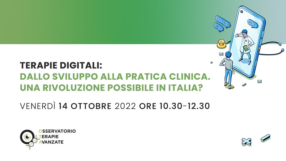 TerapieAvanzate's tweet photo. 📌“Terapie Digitali: dallo sviluppo alla pratica clinica. Una rivoluzione possibile in Italia?”
 
Il #webinar per affrontare l’argomento delle #TerapieDigitali e della loro introduzione nella pratica clinica nel nostro Paese.
 
🗓 14 ottobre 2022
ℹ️https://t.co/NRksoKtLJC

#DTx https://t.co/F0M0uFLHdD