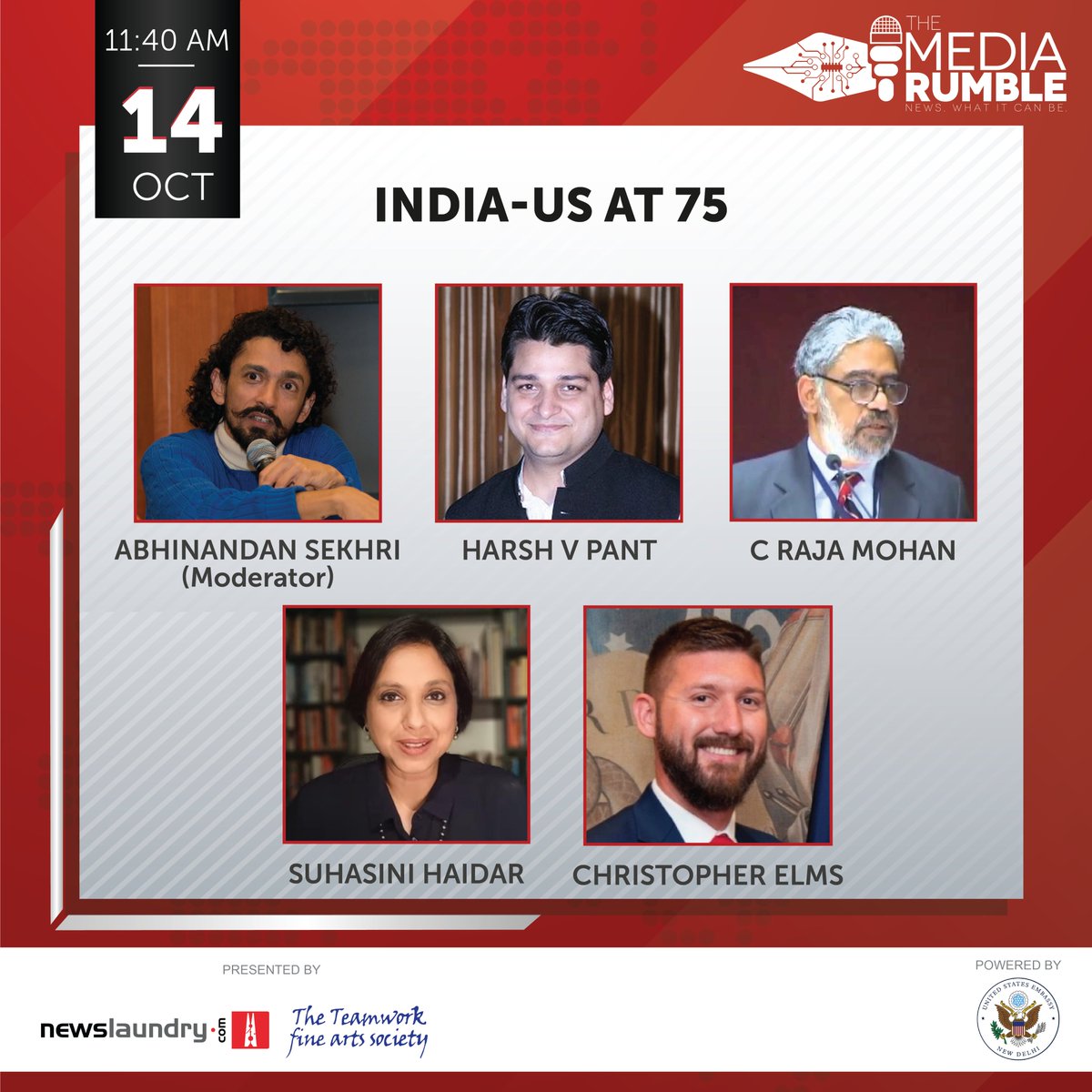 📢#SessionReveal: What is the future of India-US diplomacy? @suhasinih, Harsh V Pant, @MohanCRaja & Christopher Elms will join @AbhinandanSekhr to talk about this at the #MediaRumble 2022. Limited seats! Register now: bit.ly/TMRRegistration