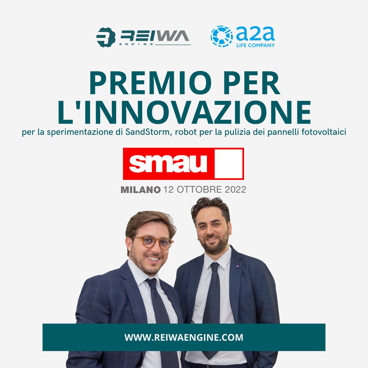 Domani siamo a <a href="/smaunotes/">SMAU</a> per ritirare, insieme ad <a href="/gruppo_a2a/">a2a</a> il Premio Innovazione. Riconoscimento per SandStorm, robot per la pulizia dei pannelli fotovoltaici a secco. #innovazione #smau